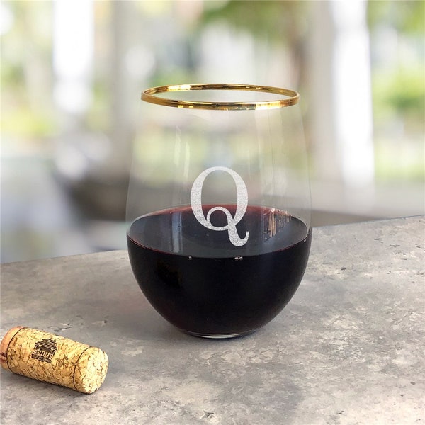 Engraved Initial Gold Rim Stemless Wine Glass, Personalized Stemless Wine Glass, Personalized Wine Glass, Home Bar Gift -gfyL19009362