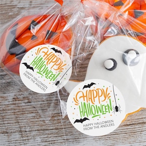 Personalized Happy Halloween Circle Labels, 96 Stickers, Trunk or Treat Labels, Custom Stickers With Bats, Custom Halloween Party Supplies