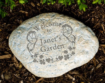 Engraved Butterfly Garden Welcome Stone, garden decor, personalized, grey, outdoor decor, family name, anniversary, housewarming -gfyL587414