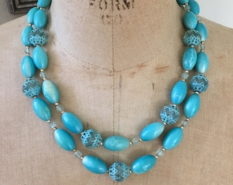 1960"s Plastic Turquoise Double Beaded Necklace