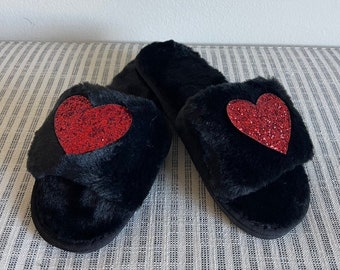 Fuzzy Black Open Toe Slippers With Red Glitter Heart