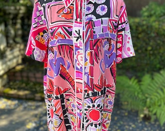 Bob Mackie Wearable Art Cat/Fish/ Money/Pinapple Multi Color Silk Shirt Size M Medium