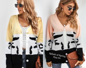 V Neck Color Abstract Block Button Down  Cardigan M/L & L/XL in Pink or Yellow