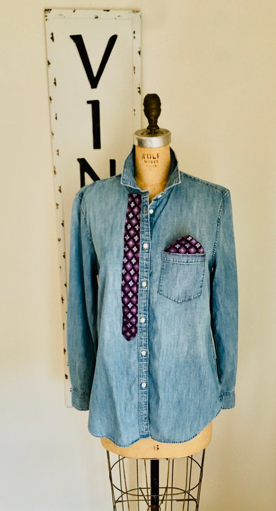 Upcycled Denim Shirt Embellished With Purple Necktie Accent Medium