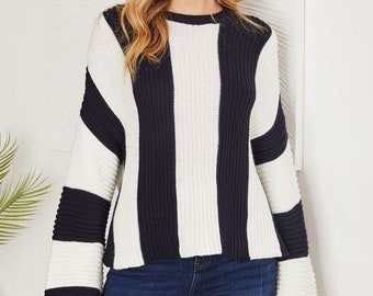 Stripe Pattern Wide Crew Neck Rib Sweater in Navy and White Made in Italy