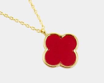 Gold Dipped Red Quatrefoil Pendant Necklace in Gold