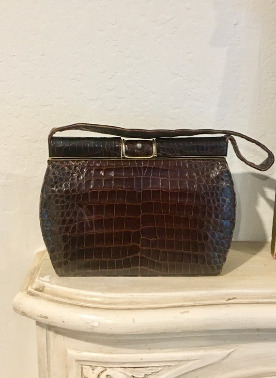 60's Embossed Brown Leather Handbag