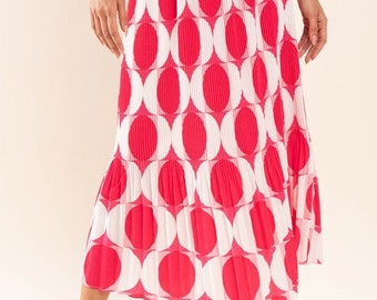 Geometric Print Pleated Long Skirt in Fuchsia Pink Small and Large