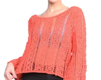 Coral Crochet Open Airy Knit Flared Sleeve Top with Criss-Cross Back - One Size - New