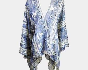 Boho Patterned Sheer Cover Up Kimono Poncho in Gray One Size