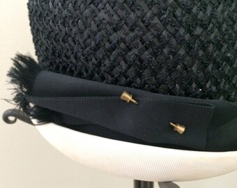 Black and White Straw Hat with Gold Print Accent