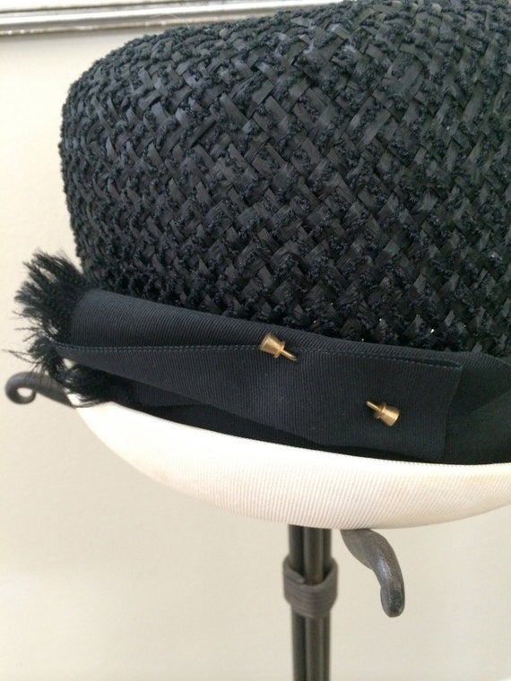Black and White Straw Hat with Gold Print Accent