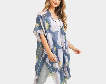 Big Flower Printed Cover Up Kimono Ponchoin Blue Tones One Size
