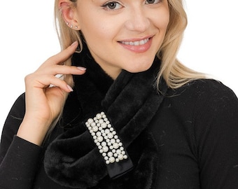 Faux Fur Pull-Through Scarf with Pearl Detail in Assorted Color