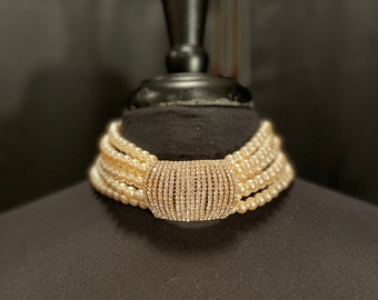 6 Strand Pearl Necklace with Gold Rhinestone Pendant