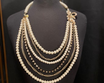 Layered Pearl Gold Chain Rhinestone Necklace