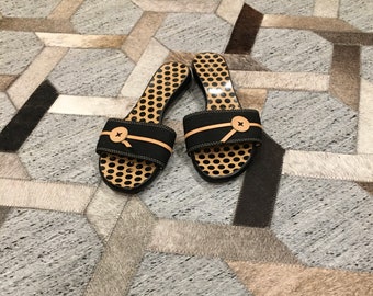 Kate Spade Black and  Tan Polka Dot Canvas Leather Button Slide Sandal