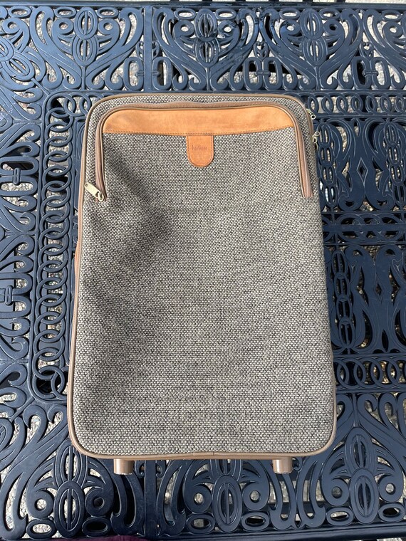 Valise JCE en tweed des années 40 avec finitions en cuir