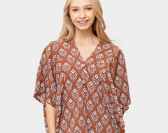 Floral Print Button Down Kimono Poncho Top in  Rust - One Size