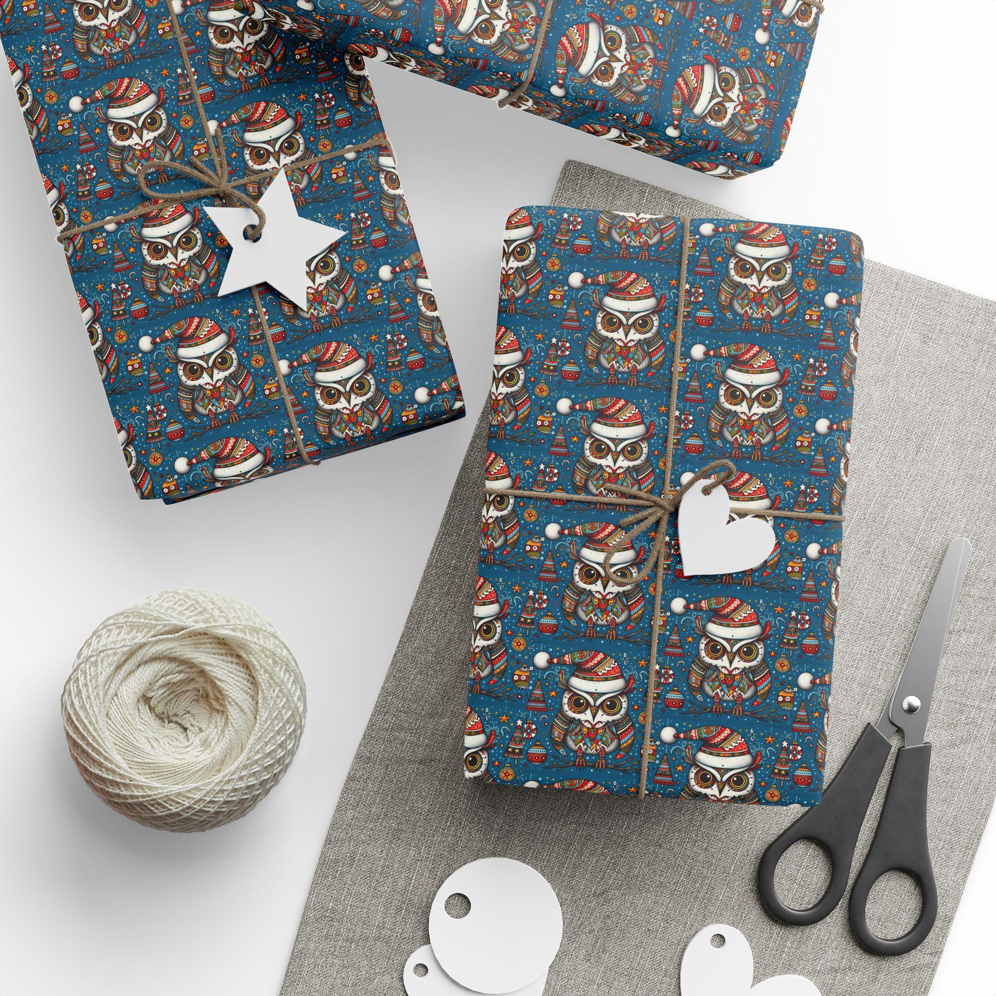 Colorful Owl Christmas Wrapping Paper Roll | Folk Art Holiday Gift Wrap | Bright Ornament Pattern Gi
