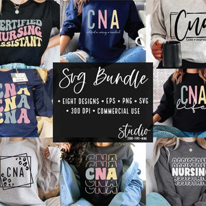 May include: A set of eight digital designs for t-shirts featuring the text "CNA" in various styles and colors. The designs include a retro-style "CNA" with stacked letters, a "CNA life" design, and a design with the text "Certified Nursing Assistant" in a colorful font. The designs are perfect for creating t-shirts for Certified Nursing Assistants.