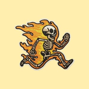Skeleton Biker Embroidered Patch | Flaming Skull Motorcycle Patch | Gothic Badge