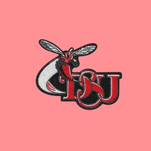 May include: An embroidered patch featuring a stylized hornet in black, white, and red colors, positioned above the bold red and black letters ISU. The design includes a white swooping tail element that curves behind the hornet and the letters.