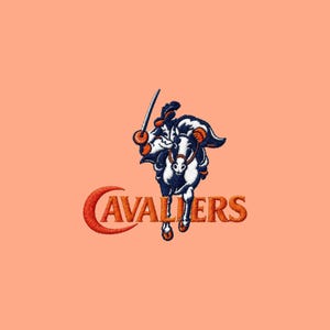 May include: An embroidered patch featuring a navy blue and white cavalier on horseback holding a sword, positioned above the orange text CAVALIERS. The design is set against a solid light peach background, showcasing detailed stitching and texture.