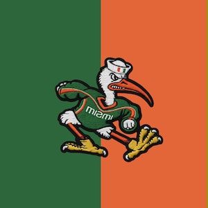 Parche bordado de la mascota del Miami Ibis – Insignia deportiva universitaria verde y naranja