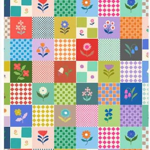 May include: A multi-colored fabric featuring a grid pattern of alternating squares. Some squares display various floral illustrations in red, blue, orange, and white, while others contain geometric checkerboard or diamond patterns in vibrant hues.