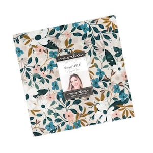 May include: A square stack of fabric squares featuring a floral pattern with white, teal, and muted orange flowers and dark green leaves on a cream background. A paper label reads Moda Midnight Fleur by Joanna Figueroa with a photo of a person.