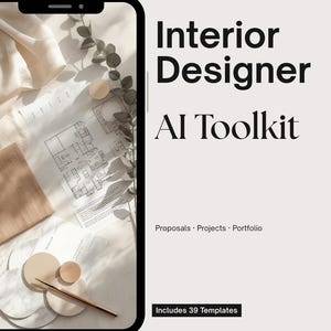 Può includere: Uno smartphone mostra il testo "Interior Designer AI Toolkit" in nero, con il sottotitolo "Proposals • Projects • Portfolio." L'immagine include progetti architettonici, elementi di design e la frase "Includes 39 Templates."