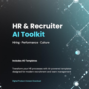 Puede incluir: Gráfico de producto digital con el texto "HR & Recruiter AI Toolkit". El diseño incluye las frases "Hiring, Performance, Culture" y "Includes 40 Templates". El producto está diseñado para la contratación moderna y la gestión de equipos.