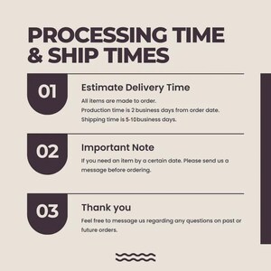 May include: An informational graphic with a beige background and dark brown text titled PROCESSING TIME & SHIP TIMES. It lists three numbered sections: 01 Estimate Delivery Time, 02 Important Note, and 03 Thank you, with instructions for orders.
