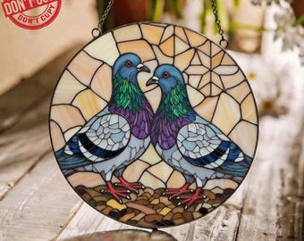 Mosaic Pigeon Bird Art Round Stained Glass Suncatcher, Window Hanging Gift For Bird Lovers, Birthday Gifts Decoration, Nature Lover Gifts