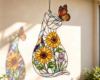 Cat Sunflower Butterfly Acrylic Suncatcher, Pet Memorial Window Hanging, Boho Indoor Window Decor, Light Catching Gift for Cat Lovers