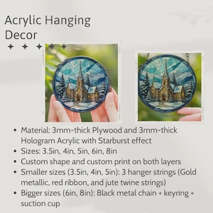 May include: Acrylic hanging decor featuring a circular design with a printed image of a church surrounded by pine trees in a winter landscape. The product is made of 3mm-thick plywood and 3mm-thick hologram acrylic with a starburst effect, available in 3.5, 4, 5, 6, and 8-inch sizes.