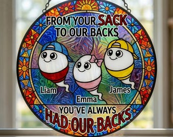 Personalized Funny Dad Glass Suncatcher, Custom Children Names Window Hanging Unique Birthday Gift for Dad, Aesthetic Quirky Window Decor