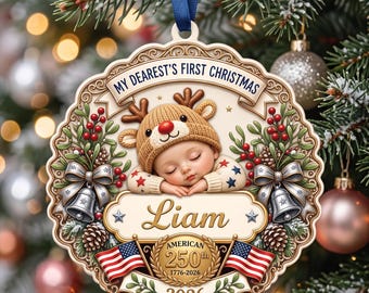 Custom Name Baby’s First Christmas 250 USA 2026 Ornament, Personalized Name America 250 Keepsake, Patriotic 3D Relief Decor
