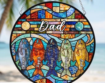 Custom Fishing Family Suncatcher, Stained Glass Style Salmon Window Hanging, Personalized Gift for Fisherman Dad, Summer Lake House Decor