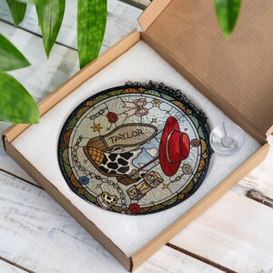 I Knew It I Knew You Stained Glass Suncatcher, Retro Blue Sky Clouds Window Hanging, Cowgirl Boots Acrylic Ornament, Music Fan Gift Idea image 3