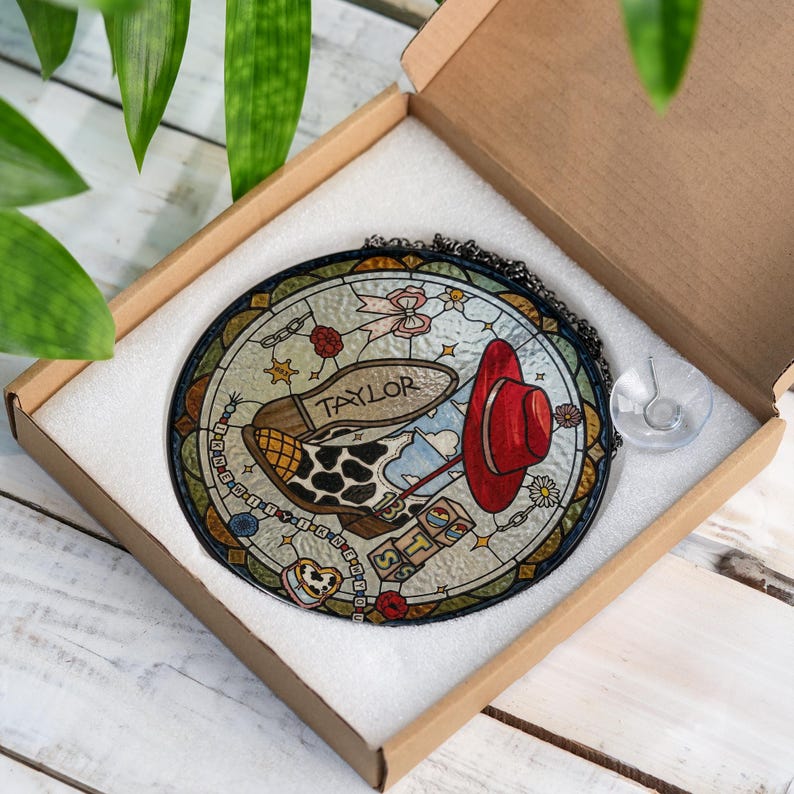 I Knew It I Knew You Stained Glass Suncatcher, Retro Blue Sky Clouds Window Hanging, Cowgirl Boots Acrylic Ornament, Music Fan Gift Idea image 3