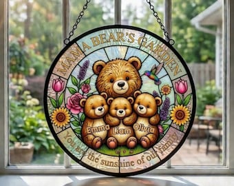 Personalized Mama Bear's Garden Stained Glass Suncatcher, Mother's Day Gift For Mom Window Hanging, Mom And Kids Bears Family Keepsake