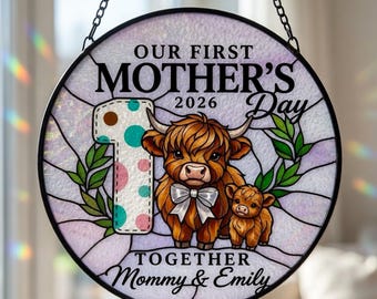 Personalized First Mother's Day Highland Cow Stained Glass Suncatcher, Custom Name Window Hanging Art Keepsake, Mother's Day Gift For Her