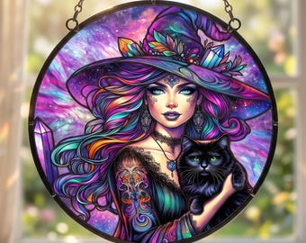Celestial Witch Stained Glass Suncatcher, Rainbow Hair Black Cat Window Hanging Decor, Crystal Wizard Ornament, Spooky Autumn Gift for Her