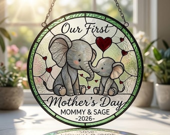 Personalized First Mother's Day Elephant Stained Glass Suncatcher, Custom Name Window Hanging Art Keepsake, Mother's Day Gift For Her