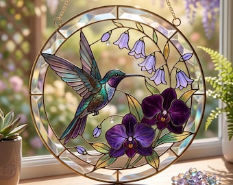 Hummingbird Orchid Stained Glass Suncatcher, Purple Flower Window Hanging Decor, Crystal Beaded Bird Ornament, Garden Gift for Mom Her