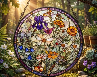Round Wildflower Stained Glass Suncatcher, Iris Bluebell Window Hanging Decor, Botanical Garden Ornament, Unique Summer Birthday Gift