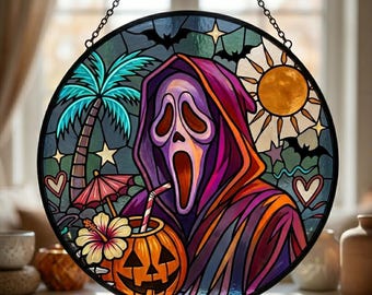 Summerween Ghost Stained Glass Suncatcher, Beach Scream Ghost Window Hanging Decor, Pumpkin Cocktail Ornament, Spooky Summer Gift for Her
