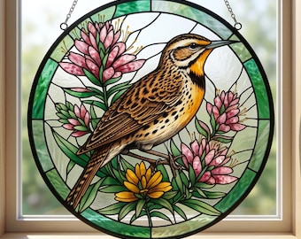 Yellowhammer Bird Suncatcher, Stained Glass Style Wild Bird Window Art, Bird Watcher Gift, Nature Lover Decor, Floral Songbird Ornament